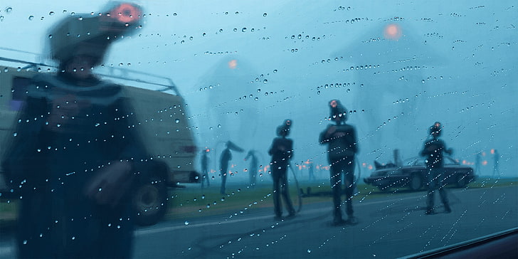 vehicle windshield, Simon Stålenhag, artwork, wet, transportation