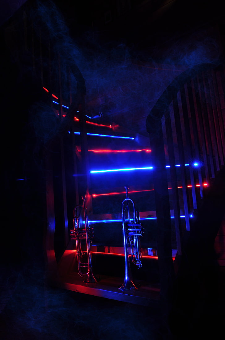 gray trombone, trumpet, music, stairway, neon, backlight, smoke