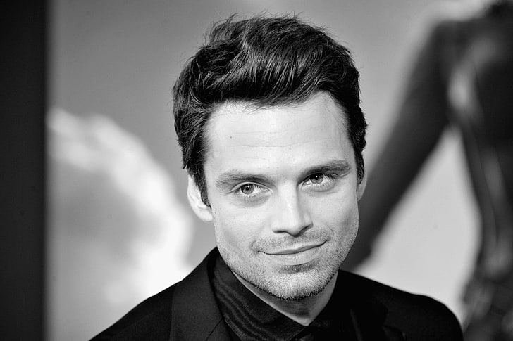 grayscale photo of man, sebastian stan, actor, face, bw, black And White, HD wallpaper