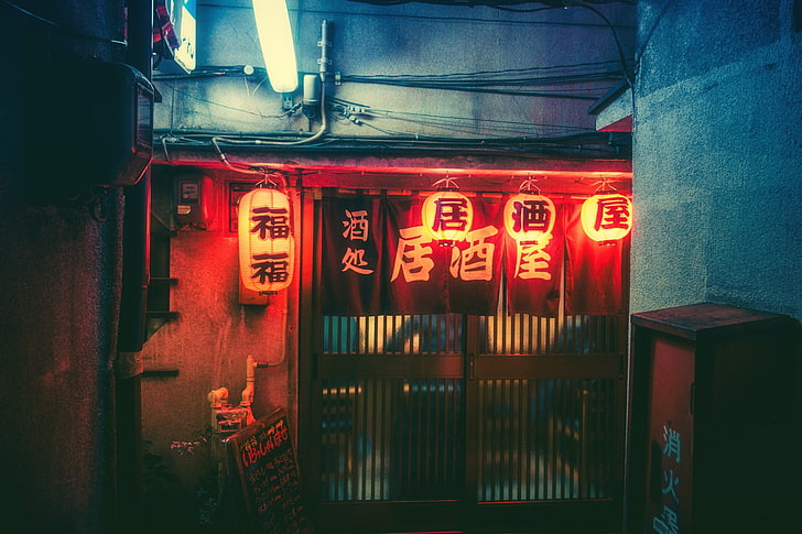 lighted Kanji signage, Japan, night, town, city, red, built structure