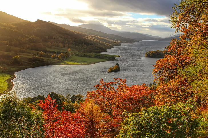 trees beside a river and mountains at daytime, loch tummel, loch tummel