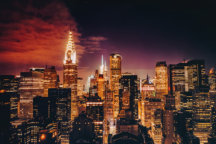 city buildings wallpaper, lights, USA, skycrapers, Twilight, Manhattan, HD wallpaper