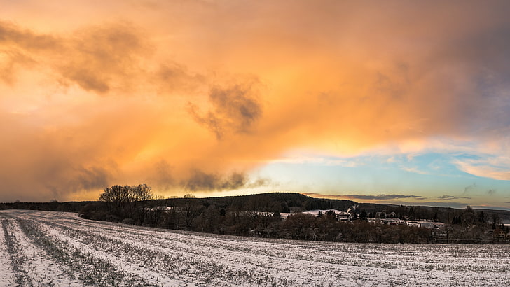 sky, cloud, snow, sunset, orange sky, orange clouds, 8k uhd, HD wallpaper