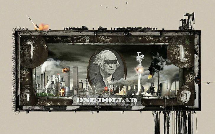 painting of 1 US dollar banknote, dollars, war, money, apocalyptic