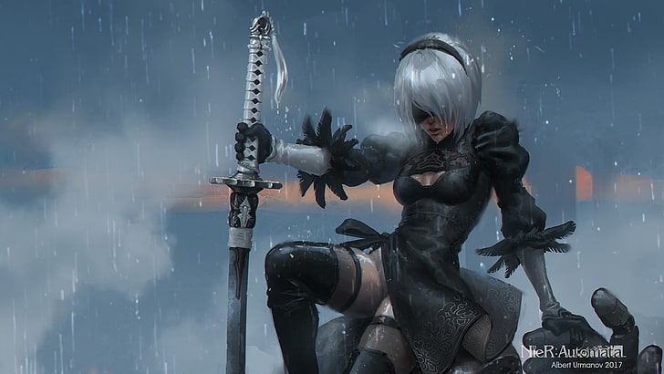 gray hair female anime character holding sword digital wallpaper
