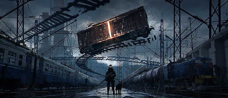 concept art, artwork, science fiction, apocalyptic, railway
