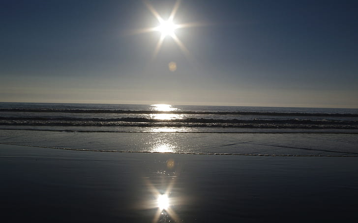 photography, nature, landscape, reflection, Sun, beach, sea, HD wallpaper