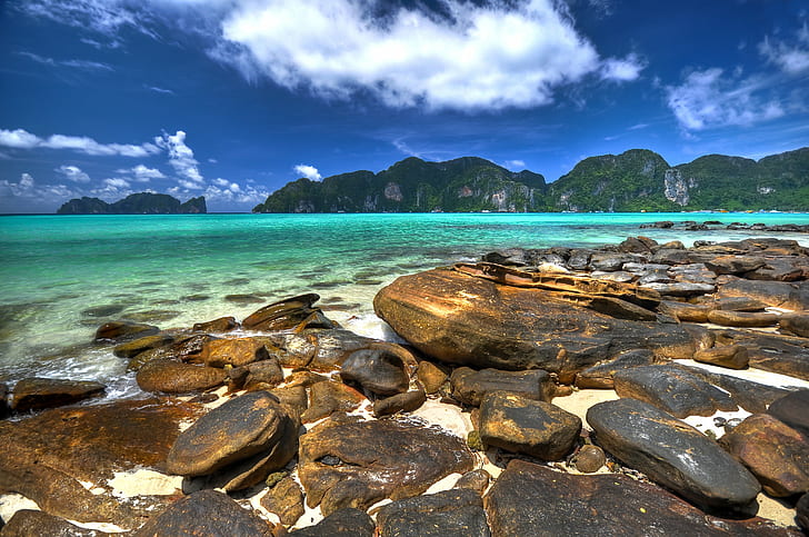 rocks on seashore over looking islands, Aquamarine, thailand, HD wallpaper