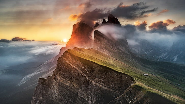 nature, landscape, mountains, sunset, hills, clouds, mist, HD wallpaper