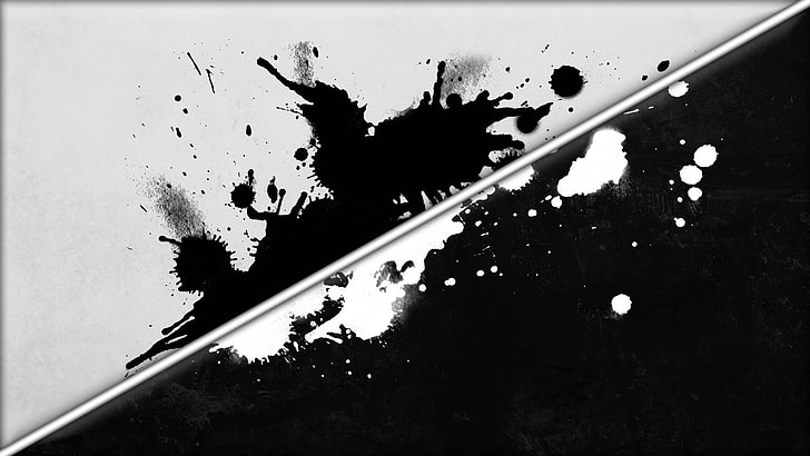 black and white splash abstract artwork, digital art, paint splatter, HD wallpaper