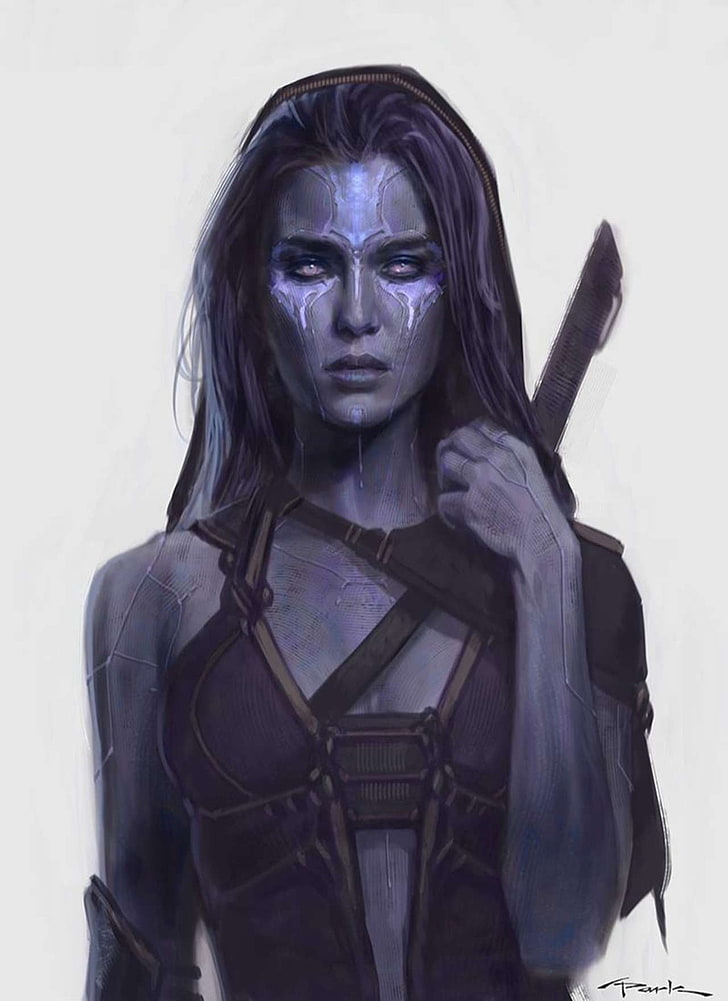 Gamora, Guardians of the Galaxy, concept art, purple skin, looking at camera
