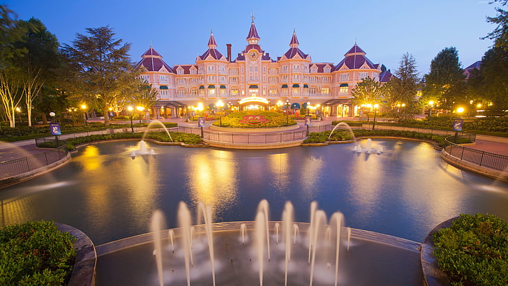 4k, Europe, Disneyland Hotel, France, Paris, fountain