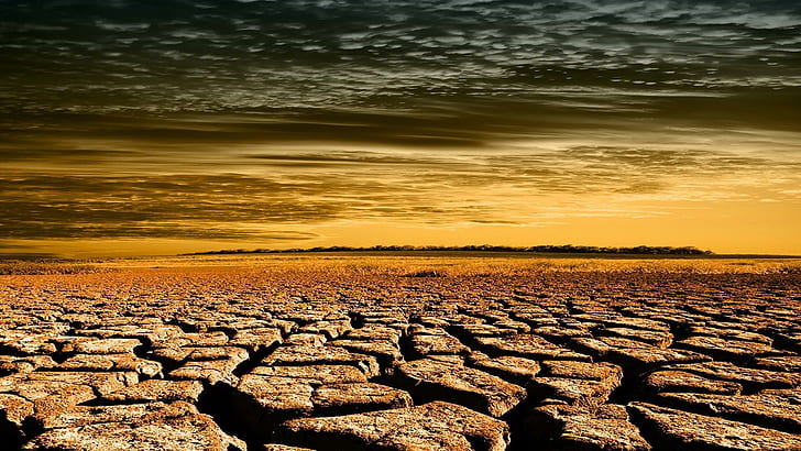 Drought Cracked Fields, sunset, clouds, nature and landscapes, HD wallpaper