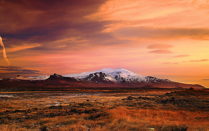 brown grass field, landscape, Iceland, mountains, sunset, nature, HD wallpaper