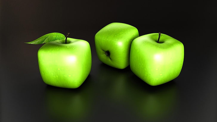 three green apples on gray background, digital art, minimalism