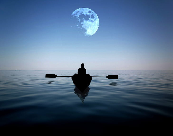 man riding on a boat alone in the sea with moon hovering above at night, HD wallpaper
