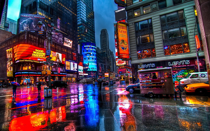 cities, city, lights, neon, night, rain, square, times, usa, HD wallpaper