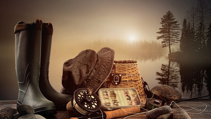 Fishing Equipment, boot, hat, lake