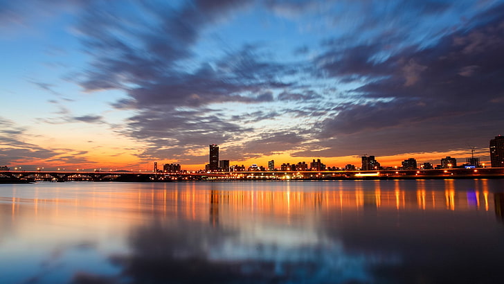 body of water, city, cityscape, clouds, sky, cloud - sky, reflection, HD wallpaper