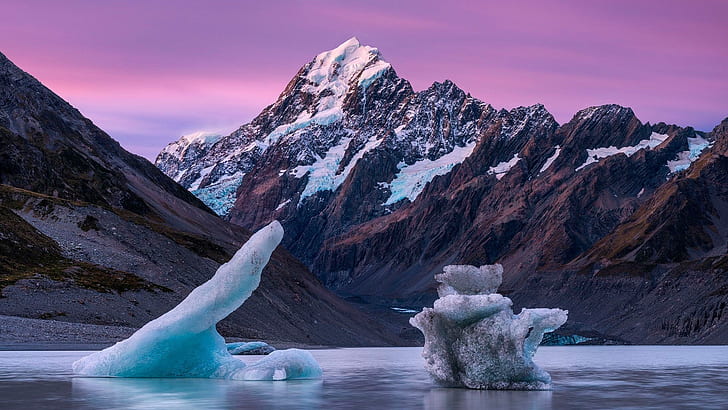 aoraki/mount cook national park, iceberg, glacial lake, mountain, HD wallpaper