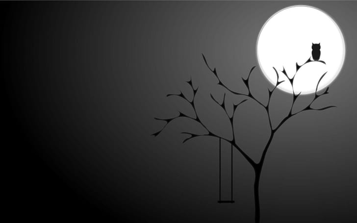 owl, simple, black, monochrome, night, Moon, swings, minimalism