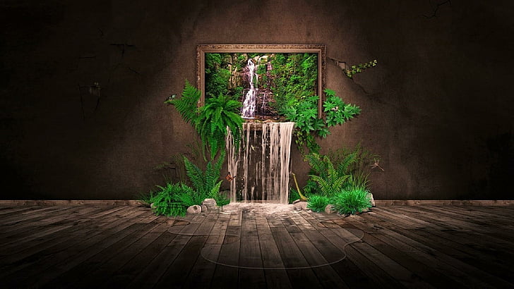 waterfall, plants, dream, fantasy, HD wallpaper
