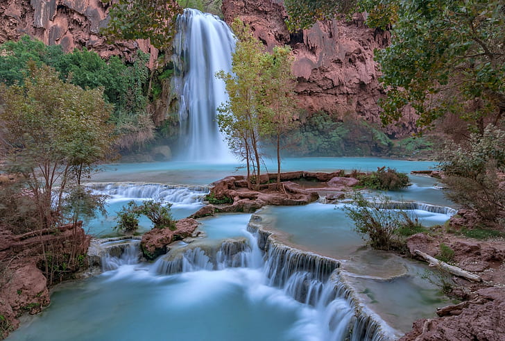 waterfall, AZ, The Grand Canyon, Arizona, Havasu Falls, HD wallpaper