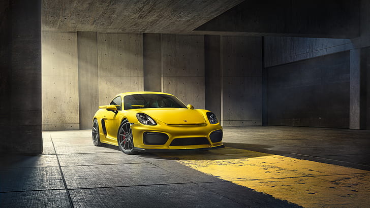 Porsche Cayman GT4, Yellow Car, Underground Parking
