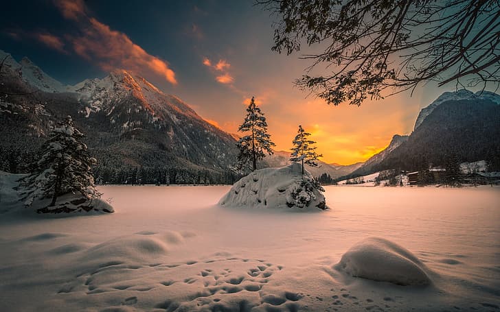 winter, snow, sunset, mountains, branches, Germany, Bayern