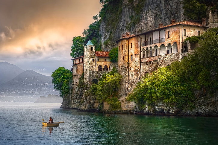 Italy, Hermitage, cliff, clouds, mountains, boat, trees, water