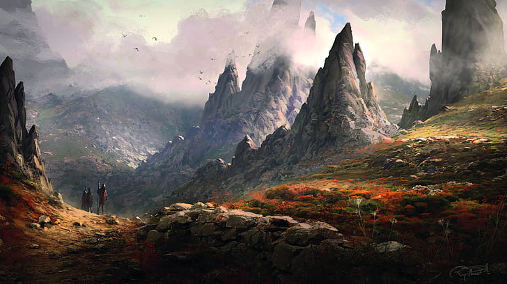 landscape, mountains, artwork, digital art, fantasy art, HD wallpaper