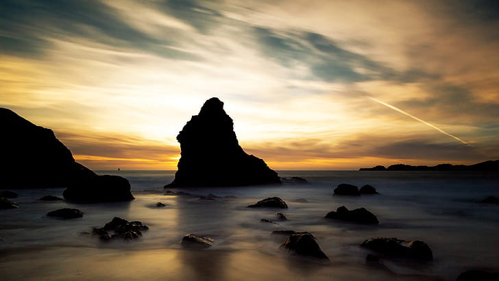 Beach Rocks Stones Ocean Sunset HD, nature, HD wallpaper