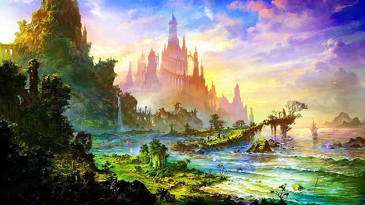 fantasy world digital wallpaper, fantasy art, nature, water, religion
