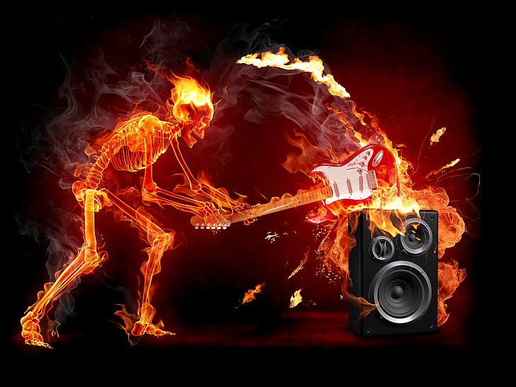 flaming skeleton digital art, fire, guitar, rock, fire - Natural Phenomenon, HD wallpaper