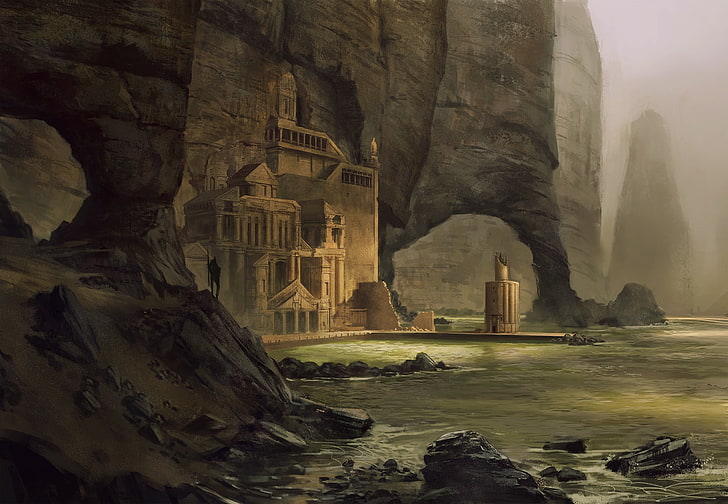 temple on the rock cliff graphics, digital art, fantasy art, old building