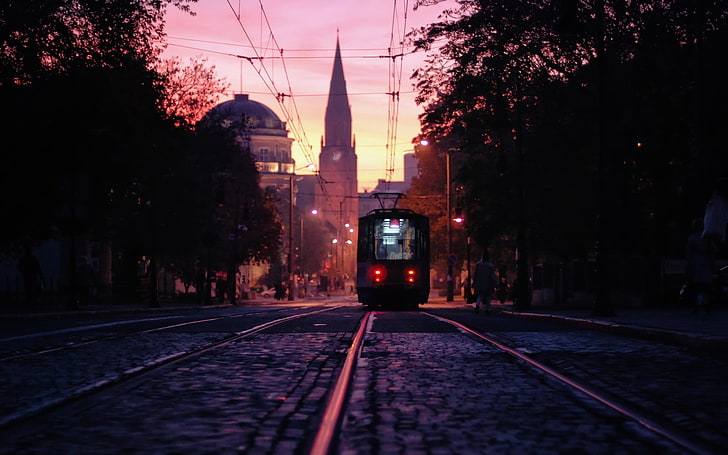 black tram, photo of tram during golden hour, cityscape, Poland, HD wallpaper