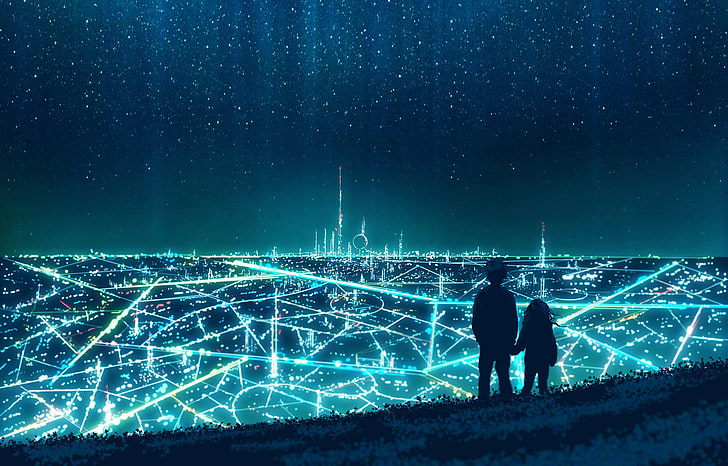 silhouette of two anime character illustration, city, stars, neon