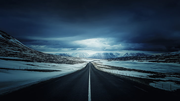 gray concrete road, snow, mountains, landscape, Iceland, blue, HD wallpaper