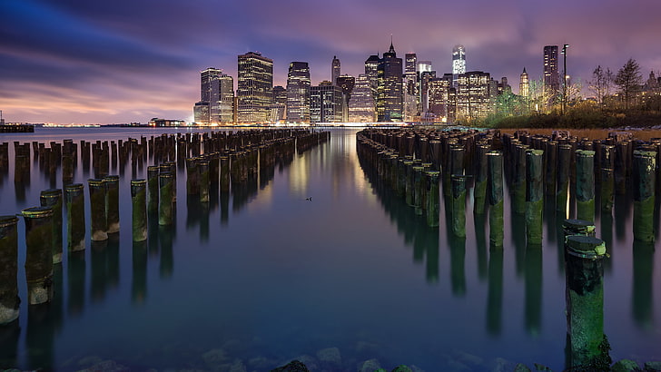 the city, lights, river, building, New York, skyscrapers, the evening
