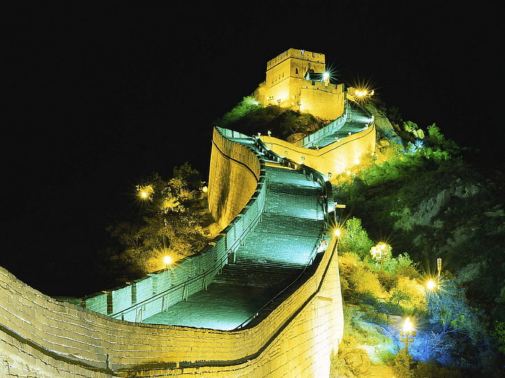 Great Wall of China, night, backlight, landmark, architecture, HD wallpaper