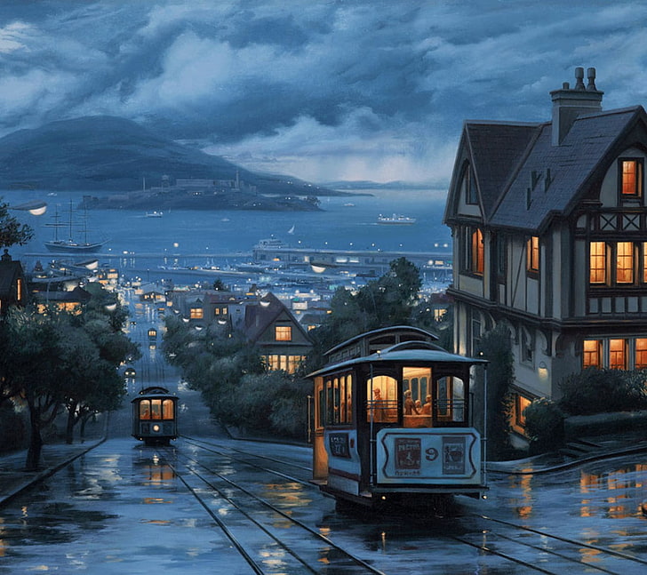 white and black city tram, nature, artwork, San Francisco, Alcatraz, HD wallpaper