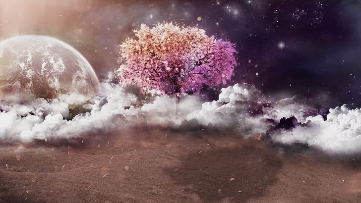trees, clouds, planet, Moon, night