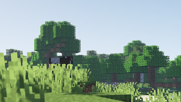 Minecraft, trees, shaders, plants, cow, sheep, forest, sky
