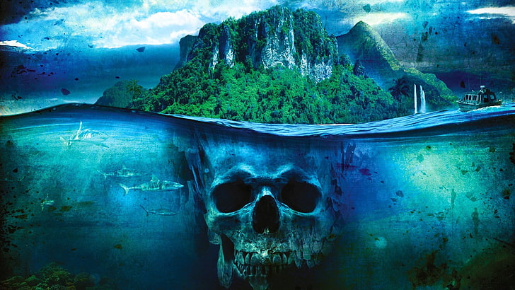 green rock formation illustration, sea, skull, island, fantasy art