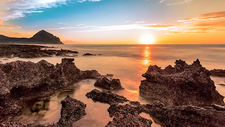 Sunset Sunlight Beach Ocean Rocks Stones HD, nature, HD wallpaper