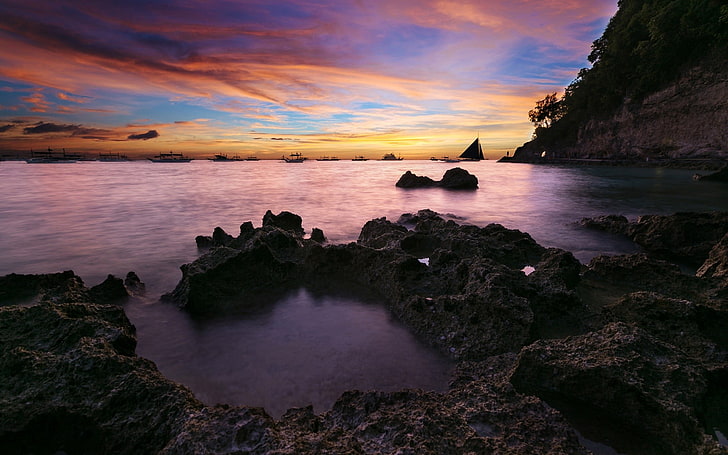 body of water beside rock formation, sky, nature, clouds, Boracay, HD wallpaper