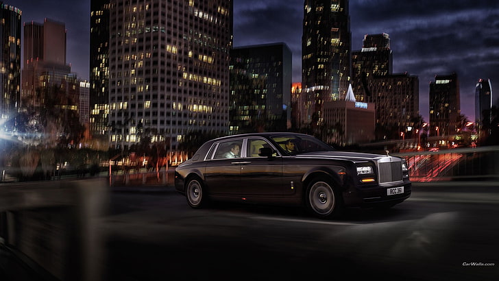 black Mercedes-Benz sedan, car, Rolls-Royce Phantom, city, motor vehicle