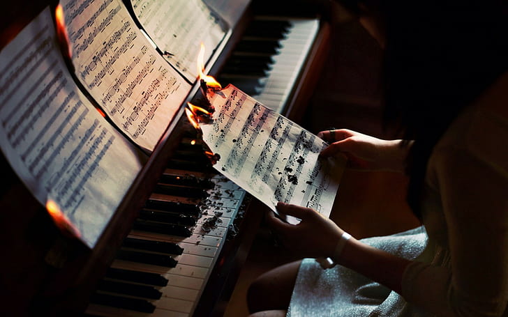 Burning, fire, music, Musical Notes, Piano