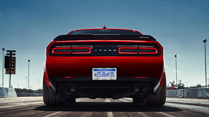 dodge challenger, red car, land vehicle, muscle car, classic car, HD wallpaper