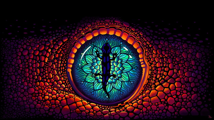 blue, green, and orange reptile eye optical illusion illustration, HD wallpaper
